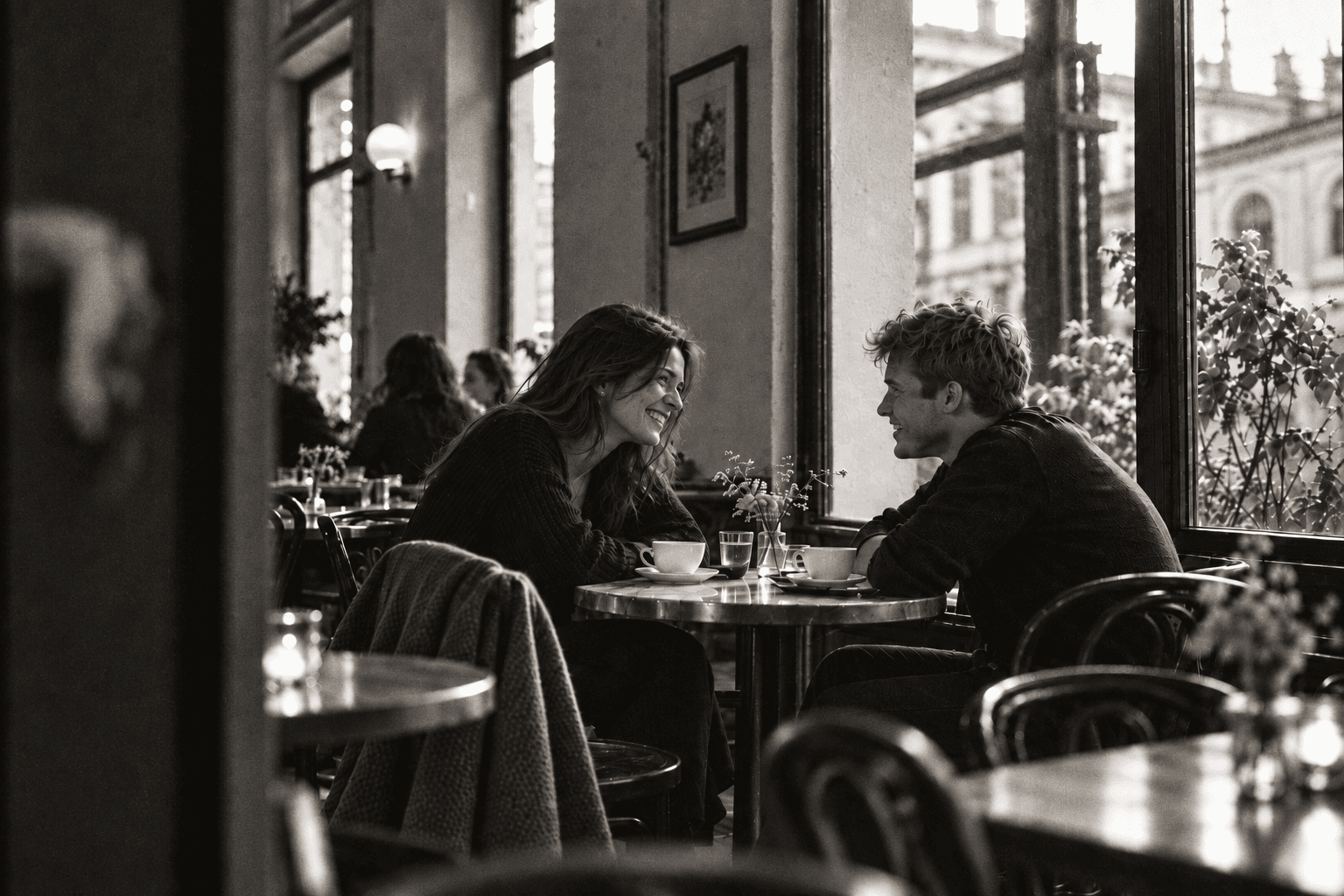 Zwei Menschen sitzen lachend an einem Café-Tisch und schauen sich an.