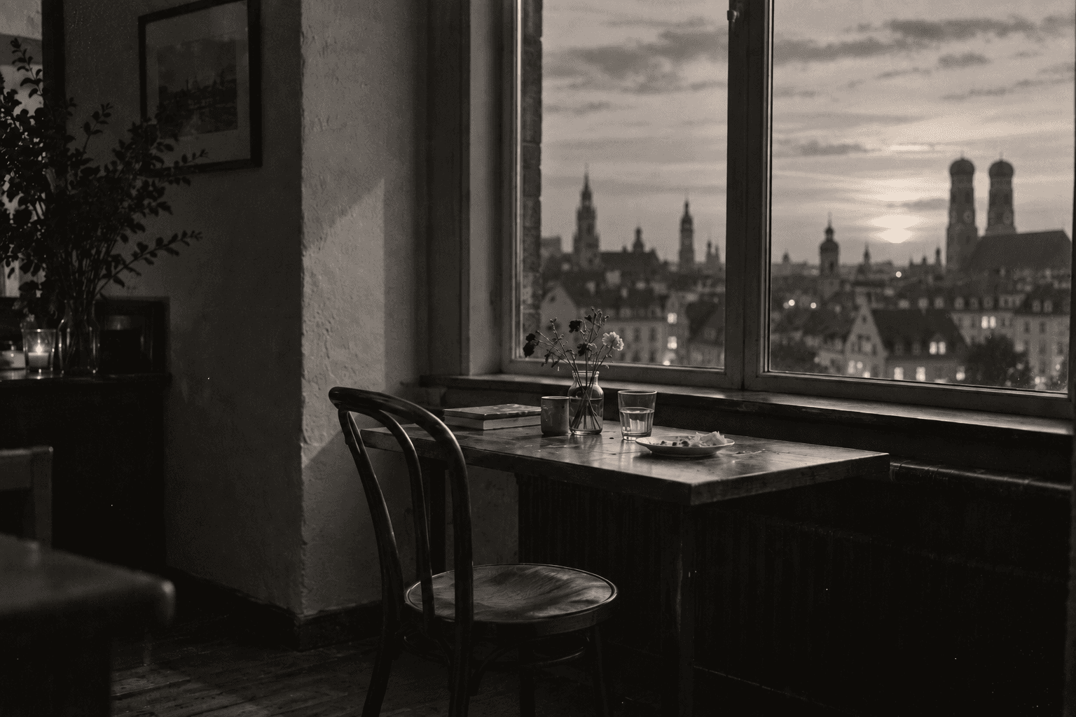 Ein leerer Tisch am Fenster in der Abenddämmerung, Blick über eine Stadt.